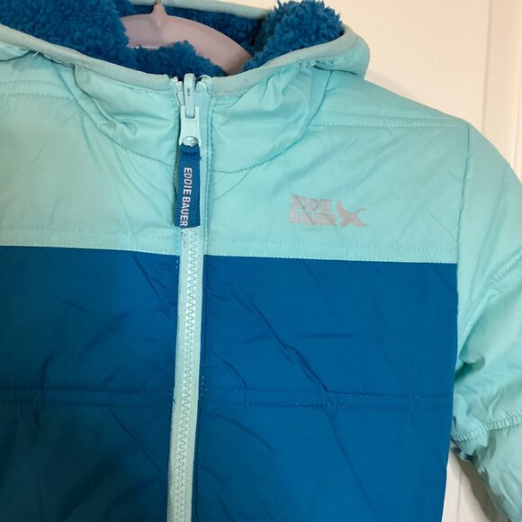Eddie Bauer Kids Reversible Blue Hooded Puffer Coat Sherpa Lined Jacket S/P 6 - Picture 2 of 11